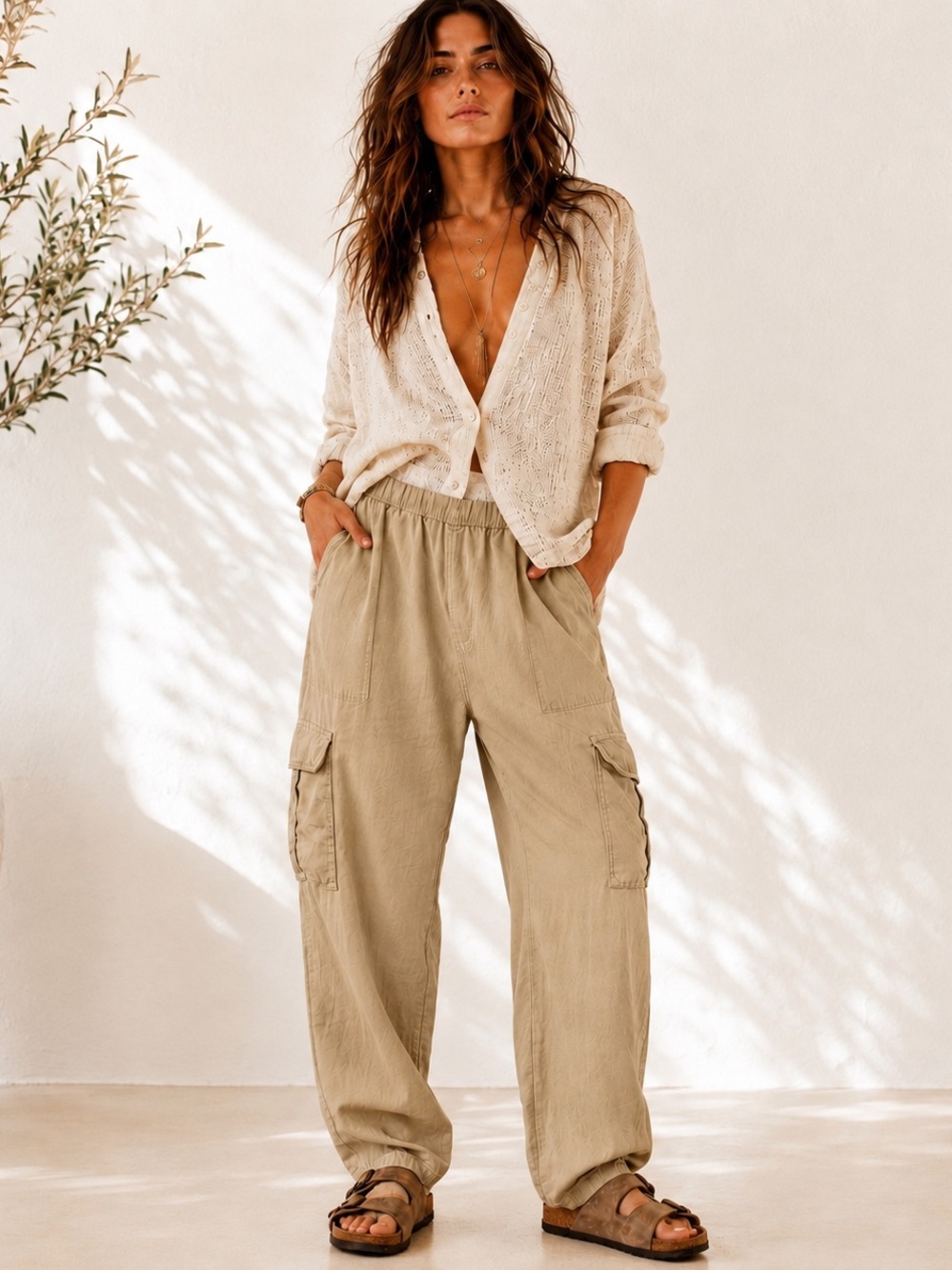 Unsubscribed Linen Cotton Cargo Pants Khaki Utility Straight Leg